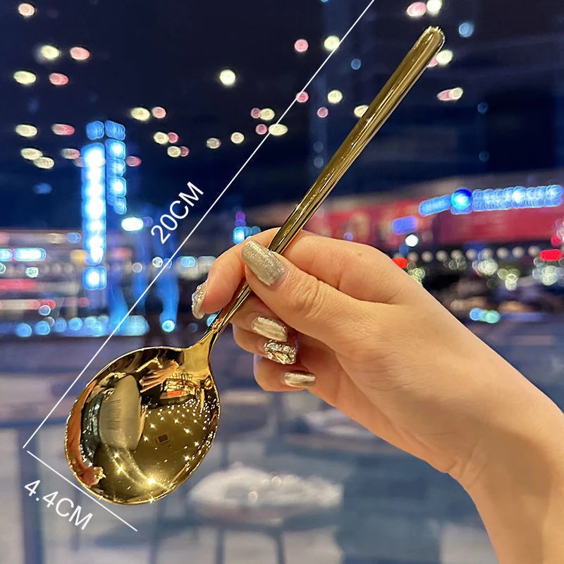 Stainless Steel Big Head Round Spoon Net Red Golden Dinner Long