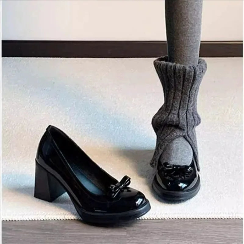 Vintage Bow Shallow Single Shoes Women Slip-On High Heels Block Heel Versatile Commuter Mary Jane Shoes Zpaxo