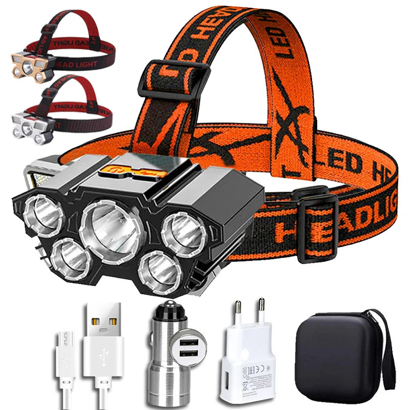 KDULIT 5-LED USB Rechargeable Headlamp | 10W 18650 Battery