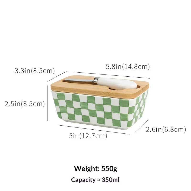 350ML Rural Style Ceramic Butter Box with Knife and Cover, American Household Cross-border Cheese Kitchen Storage Box Zpaxo Chessboard