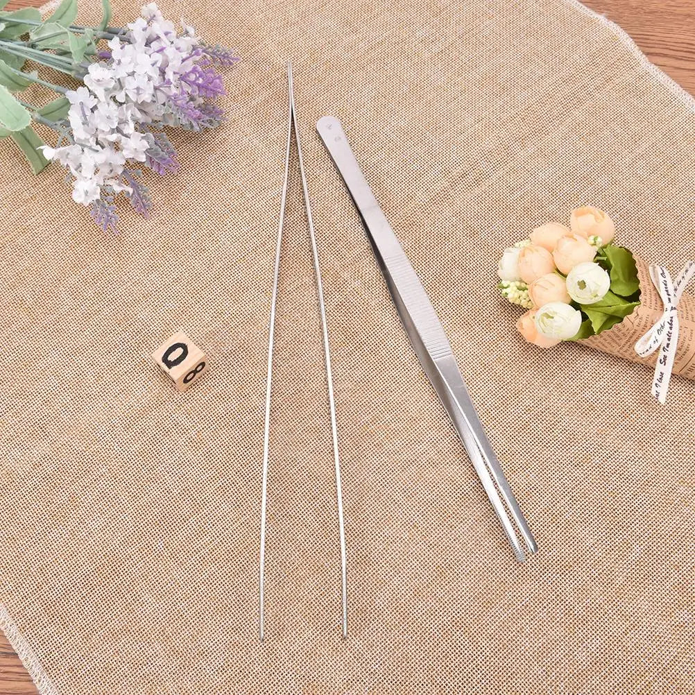 25 Straight Toothed Tweezers Barbecue Stainless Steel Long Food Tongs