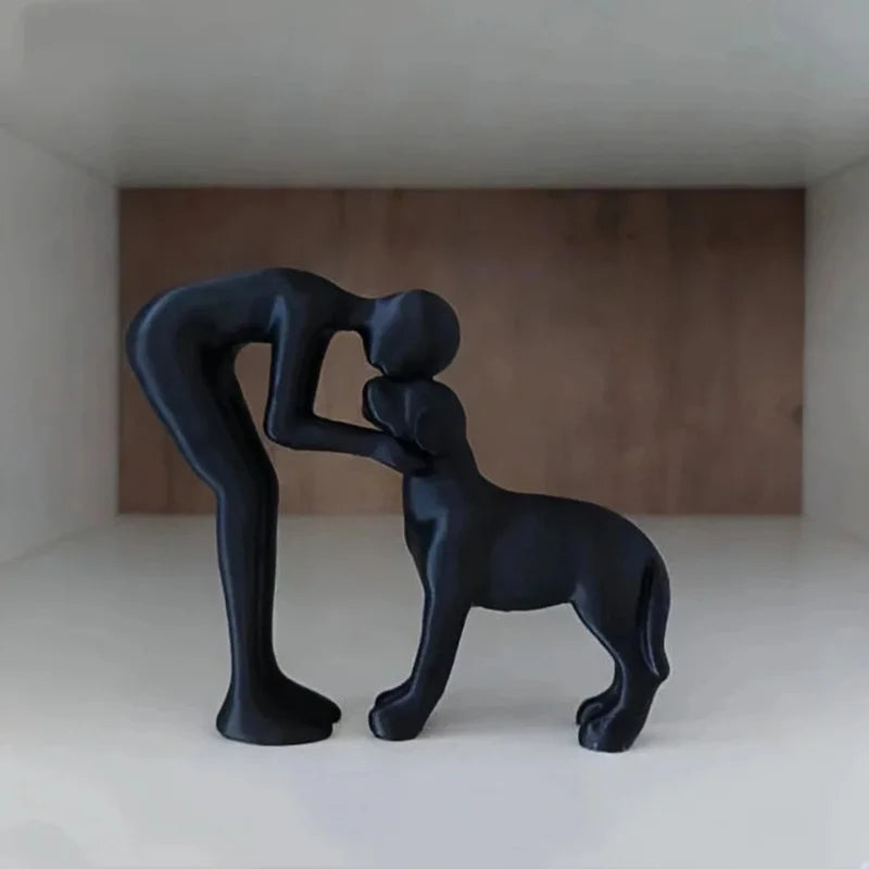 Abstract Art Sculpture Figurine Black Dog Owner Statue Interactive