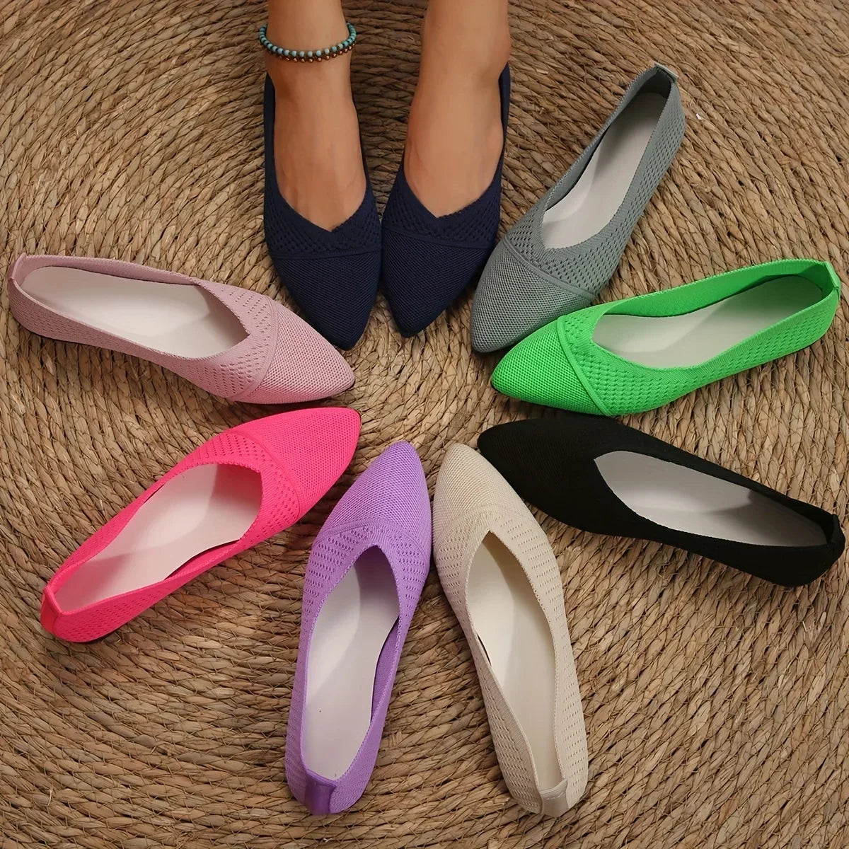 Women Flat Shoes Solid Color Knitted Slip on Loafers Women Pointed Toe Ladies Shoes Casual Breathable Ballet Women Flat Shoes Zpaxo