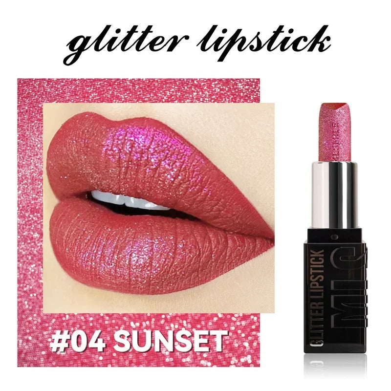 6 Color Glitter Lipstick Flash Lasting Easy Color Diamond Lipstick Waterproof Moisturizing Metallic Pearlescent Sexy Lips Makeup Zpaxo 04 Sunset