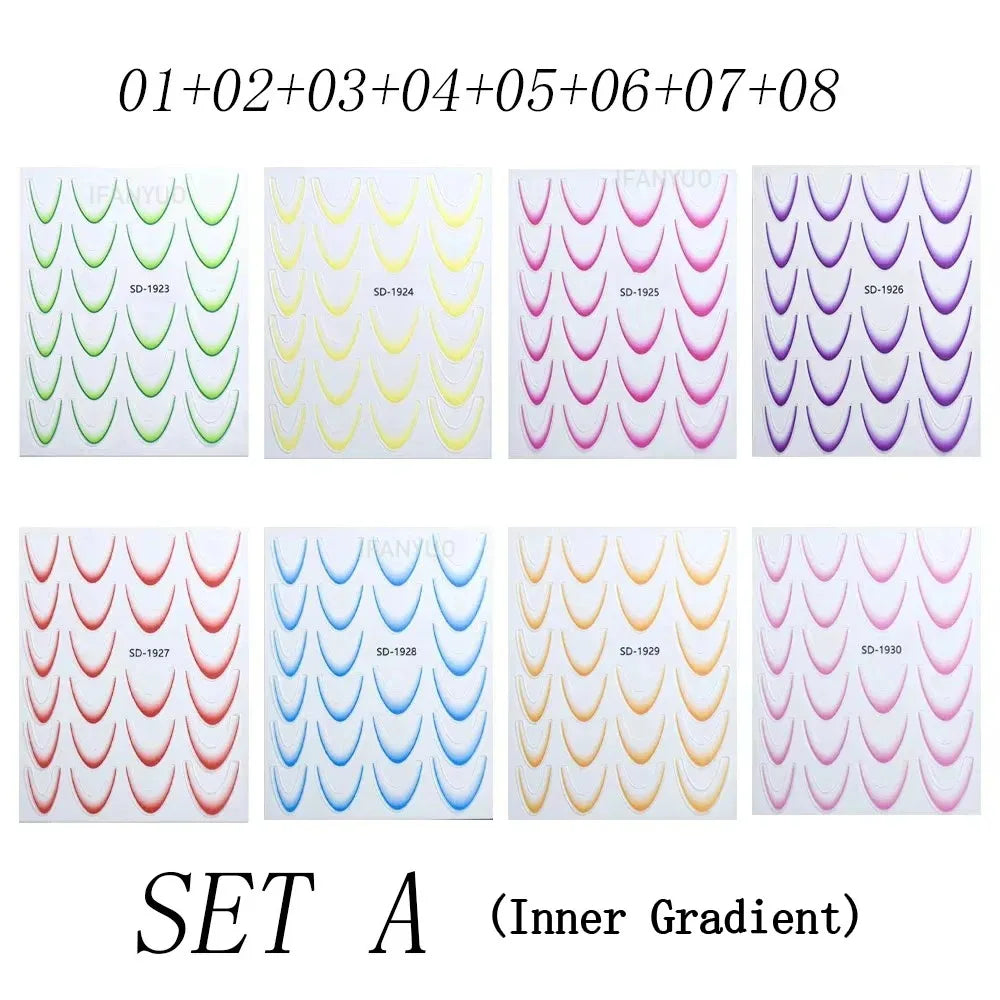 French Gradient Line Nail Art Stickers 3D Self-Adhesive White+Black Slider Design Nail Tip Stencil Manicure Guide DIY Nail Decor Zpaxo A Set-Inner Gradient