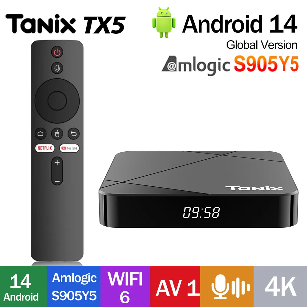 Tanix TX5 Android14 TV Box Amlogic S905Y5 Quad Core 16 32 64GB AV1 BT Zpaxo