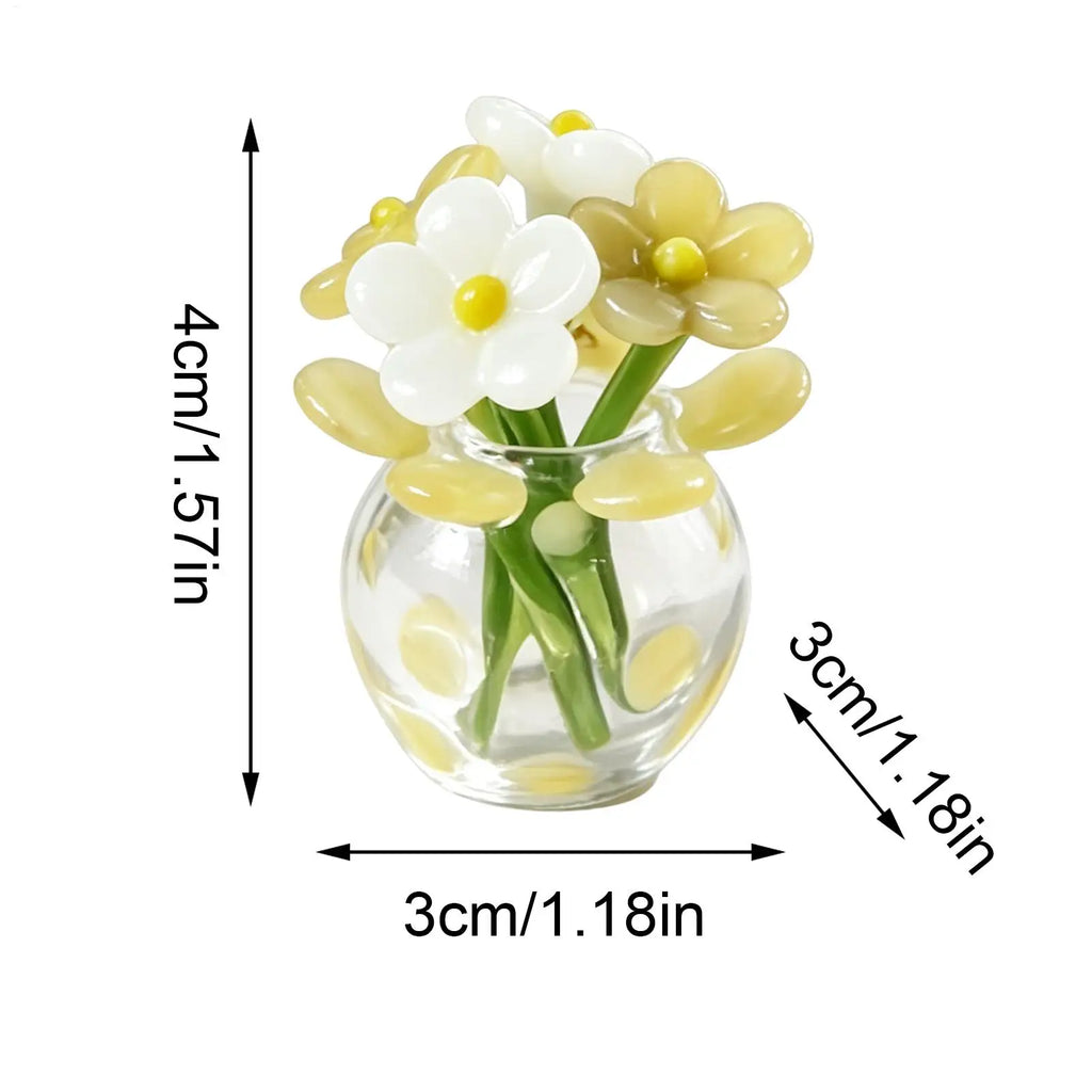 Mini Glass Flowers Artificial Bouquet Small Vase Handmade Green