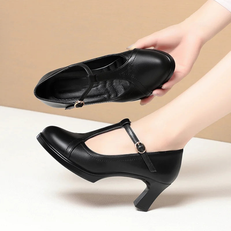 One-line Button Single Shoes Women Summer Thick Heel Model Catwalk Zpaxo