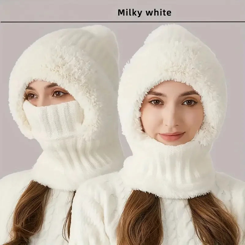 Winter Fleece-lined Knit Hat Ear Protection Windproof Integrated Hood