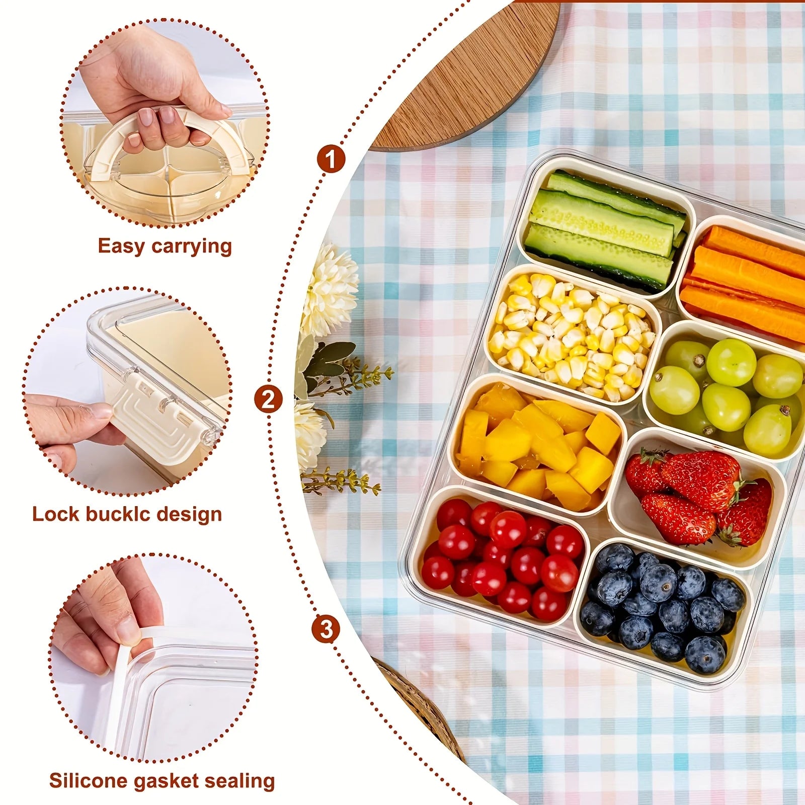 8-Compartment Clear Snack Container Lid Handledishwasher Microwave