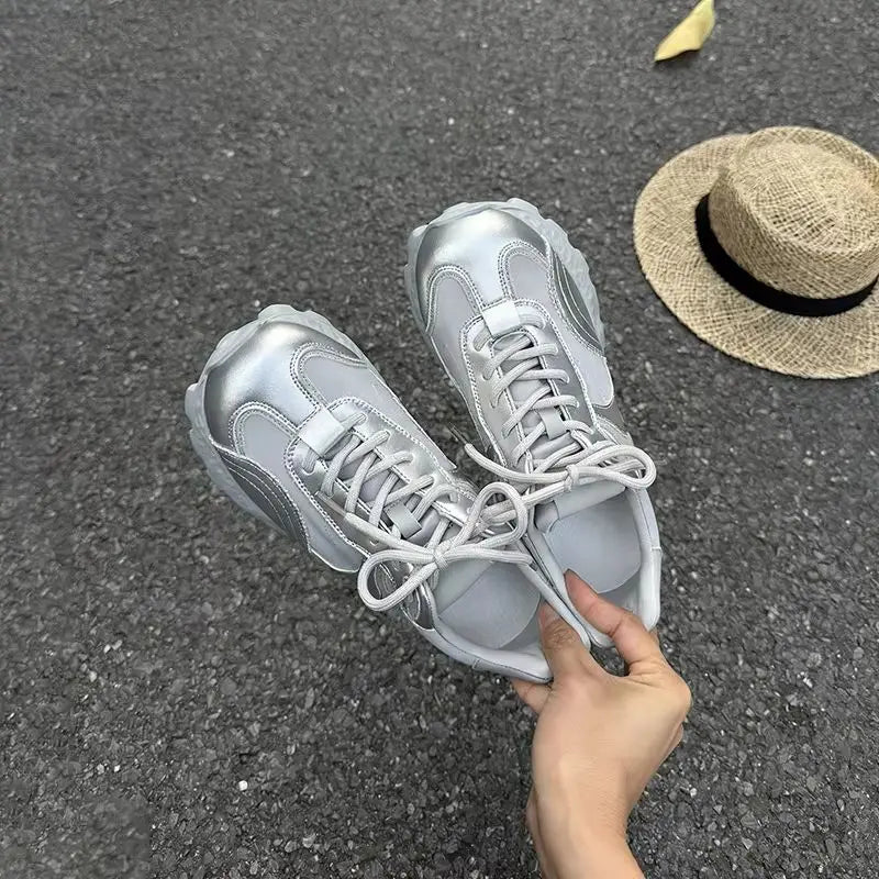 Metallic Silver Pink Two Tone Chunky Sneakers Women Shiny Patent Zpaxo