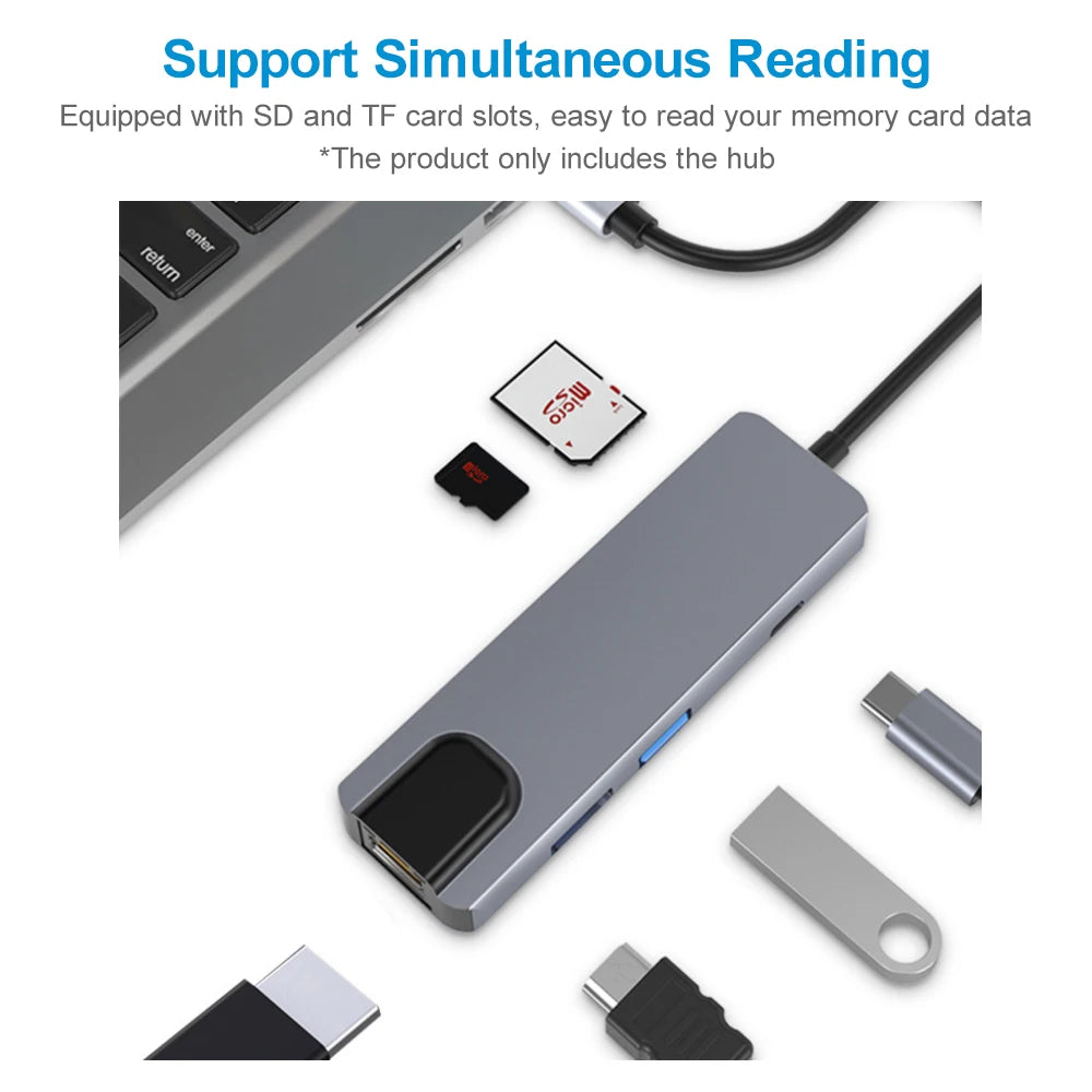 6-in-1 Type-C Hub Multifunctional Type-C Converter Av100M RJ45 HD USB3.0 PD Ports SD TF Card Slots Zpaxo