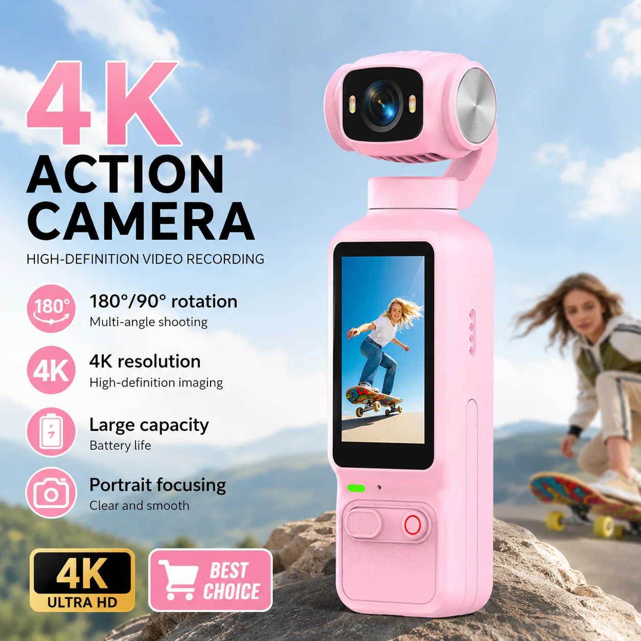 Handheld Action Camera 4K Pocket Vlogging 180 Rotating Screen Zpaxo