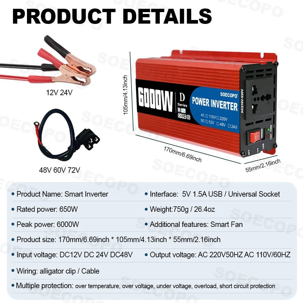 Ultra 6000W Smart Inverter Universal 12V 24V 48V Input 110V 220V