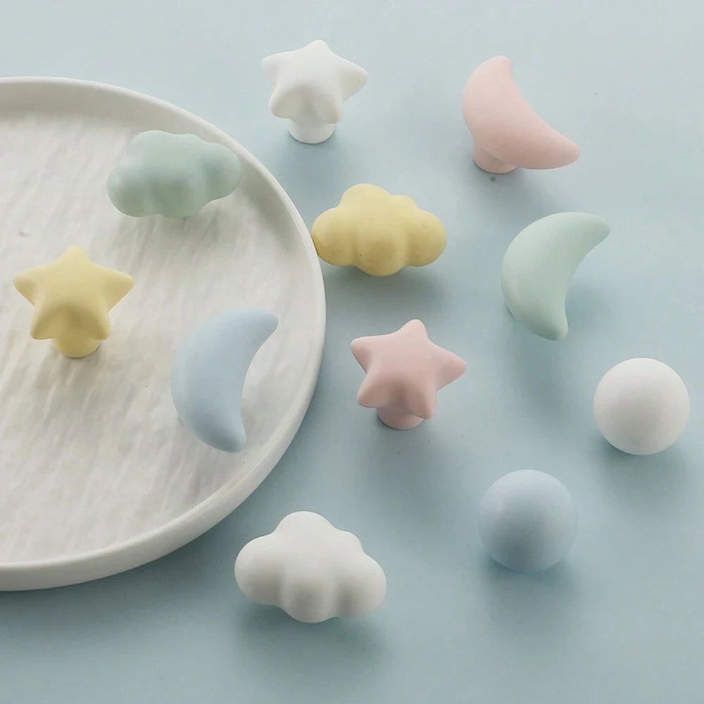 Children's Room Cabinet Knobs Ceramic Cabinet Handle Cartoon Clouds Star Cabinet Wardrobe Drawer Pull Handles for Kids Room Zpaxo