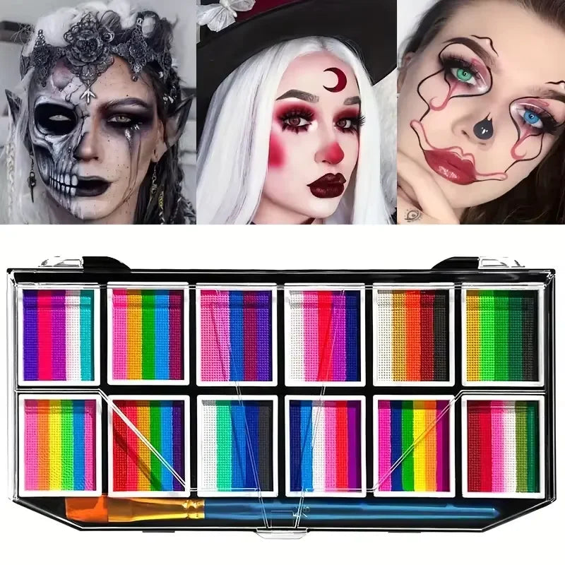 12 Grids Face Body Paint Palette Makeup,Rainbow Split Cake Palette,Water-based Non-Toxic Face Paint For Halloween Festivel Party Zpaxo