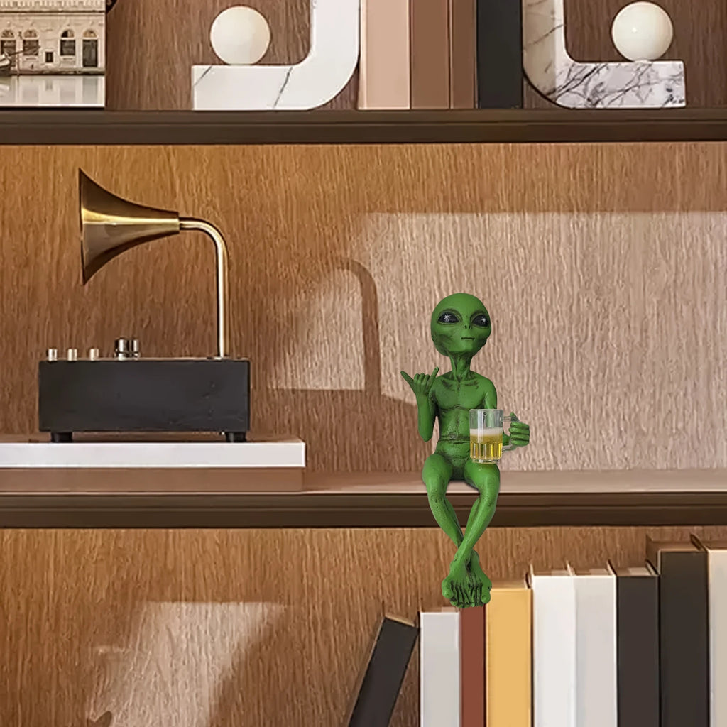 Beer Drinking Alien Statue Resin Novelty Collectible Funny Desktop