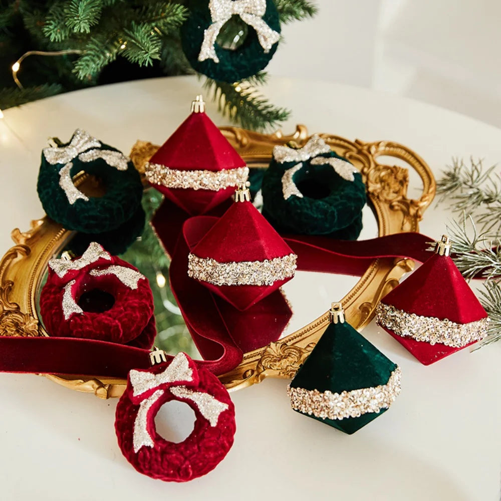 Flocked Wine Red Christmas Ball Ornaments – Elk Wreath Pendant Christmas Tree Ornament Zpaxo