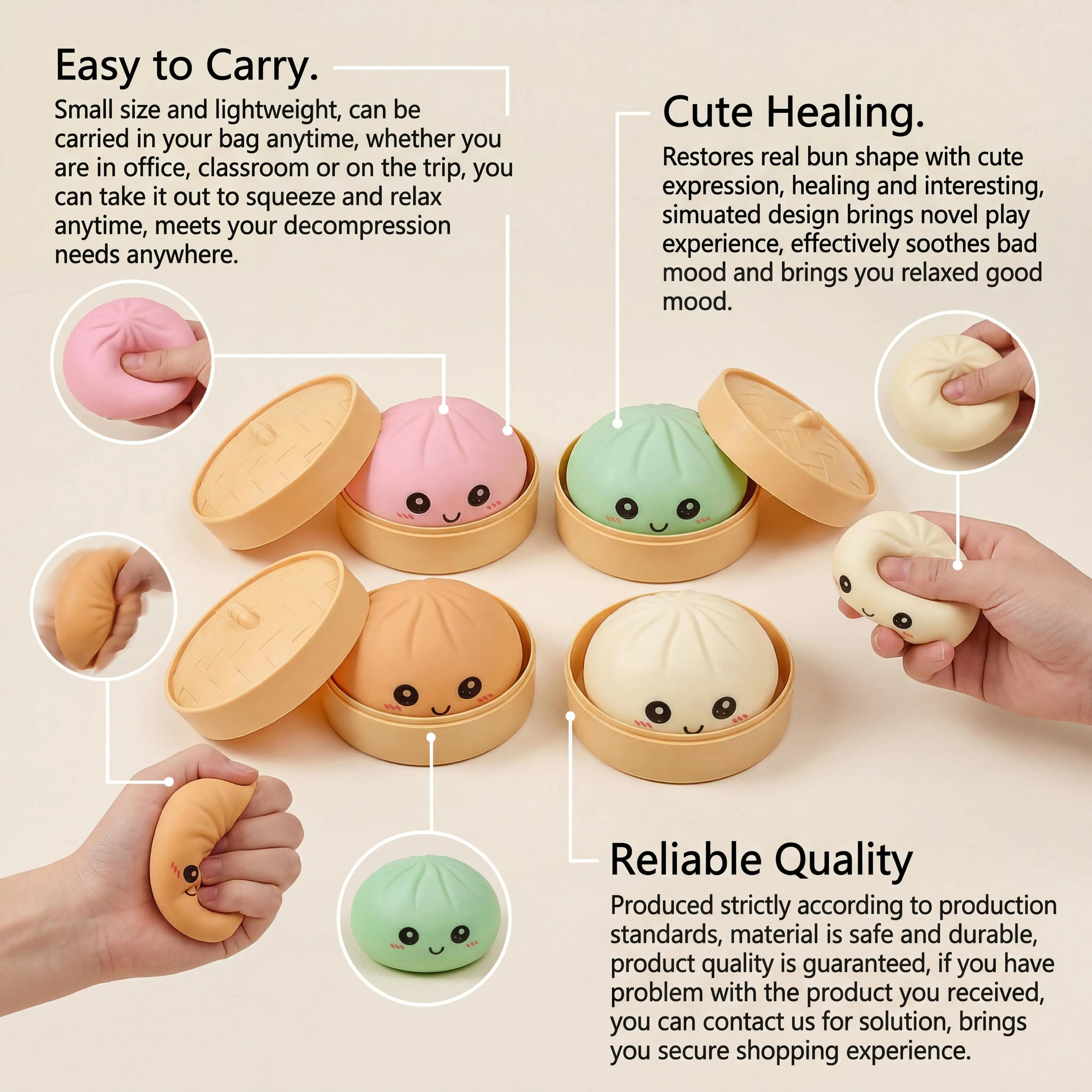 Dumpling Squishy Toy with Steamer – Stress Relief Ball (4 Colors) Squishy Stress Toy Zpaxo