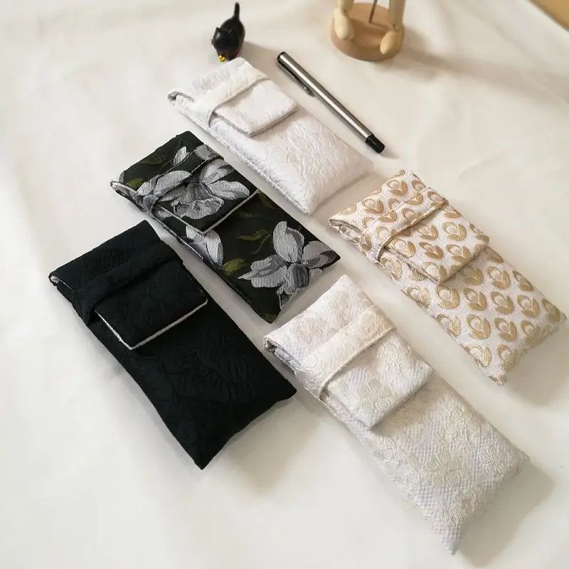 National Wind Cloth Art Pen Bag 3 holes Pen Bag Pen Case Protection Case Portable Pen Bag Blue Checkered Cherry Zpaxo