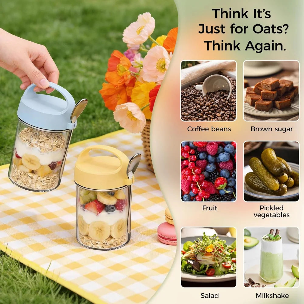 16-Ounce Portable Glass Breakfast Mason Jar, Plastic Overnight Oat Jar with Lid and Spoon, Reusable Zpaxo