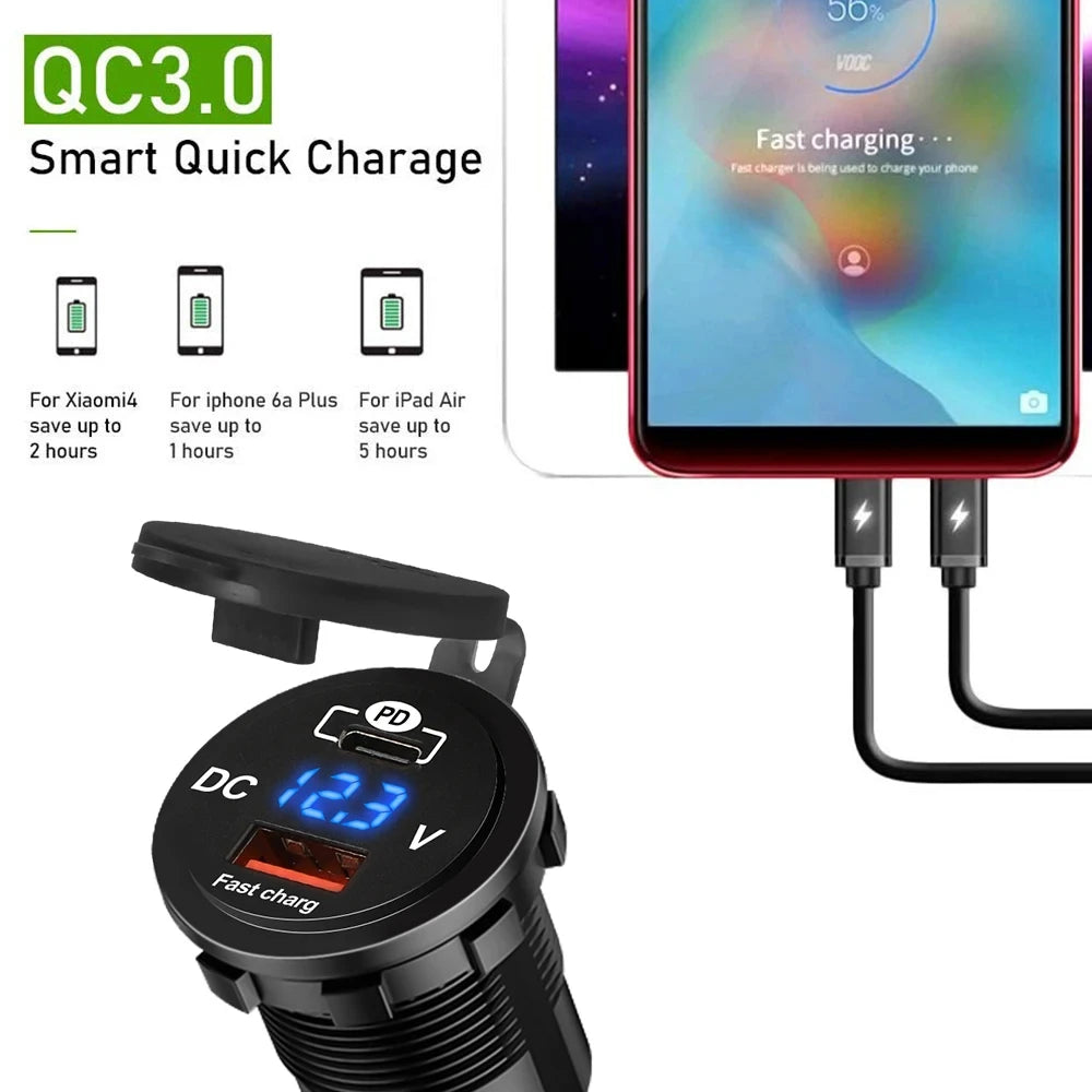 60W PD QC3 0 Car Charger Socket Voltage Meter Quick Charge 3 Power