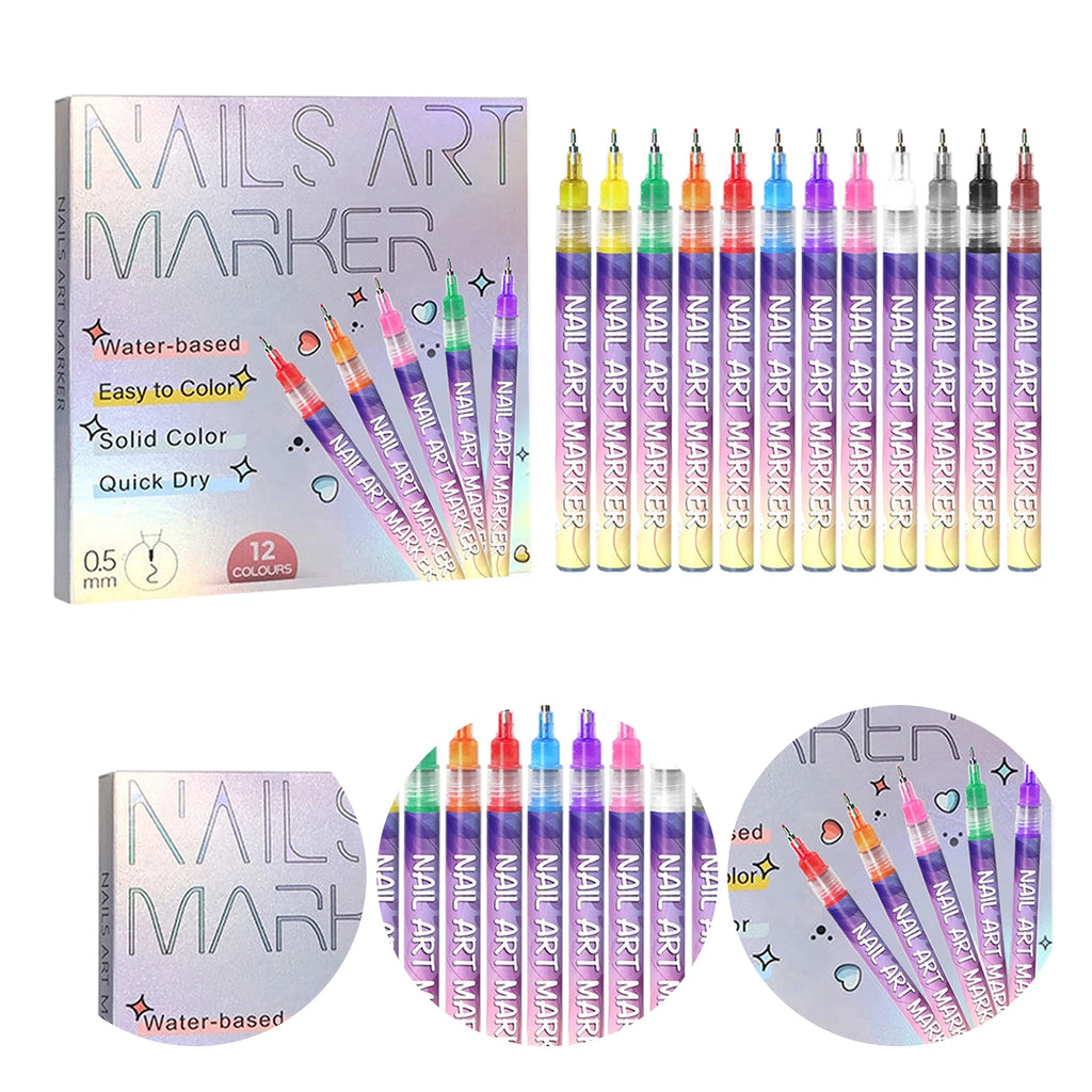 12 Colors DIY Quick Dry Graffiti Dotting Point Liner Pens Nail Art