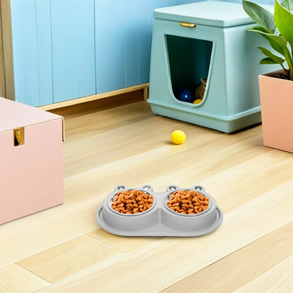 Double Pet Feeder Bowl Cats Dogs Moat Design Non-slip Base Stainless