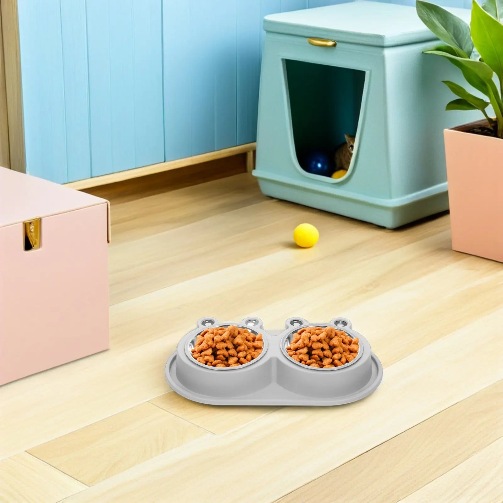 Double Pet Feeder Bowl Cats Dogs Moat Design Non-slip Base Stainless