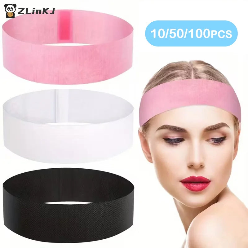 ▶10/50/100pcs Disposable Headbands Spa Salon Facial Headband Black White Pink Elastic Adjustable Magic Tape Skincare Accessory Zpaxo