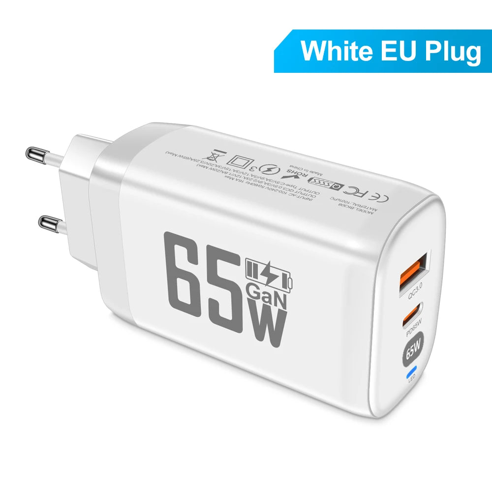 65W GaN USB-C Charger & Cable – MacBook, Lenovo, Xiaomi USB-C GaN Charger Zpaxo White EU Plug