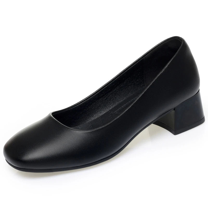 Square Toe Black Leather Shoes Thick Heel Work Women Soft Sole Zpaxo