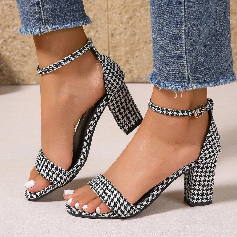 Women Sandals Summer Fashion Sandals Medium High Heels Wedding Shoes Bridal Plus Size Buckle Strap Sandals Zapatos De Mujer Zpaxo Houndstooth 35