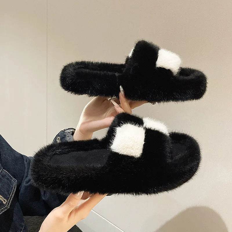 Women's Block Cross Strap Fluffy Fur Slippers Thick Platform Soft