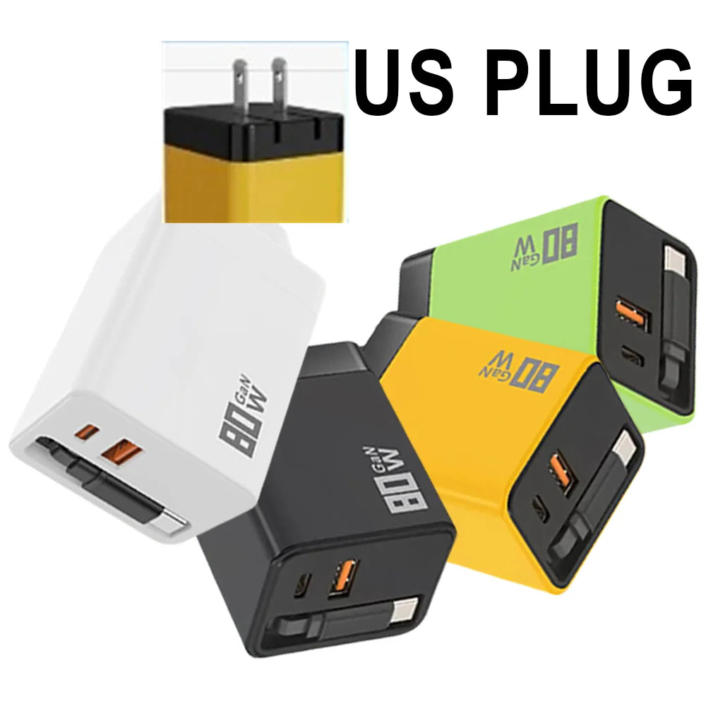 WALKESEN 80W GaN 3-in-1 Fast Charger with Retractable USB-C Cable GaN Fast Charger Zpaxo US Plug Yellow