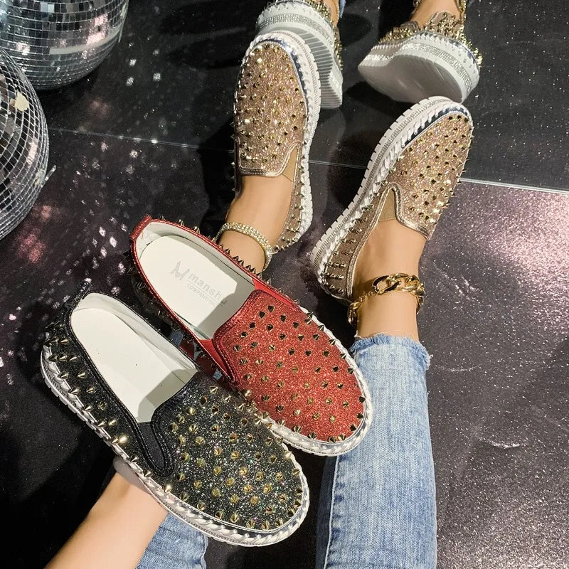 Lazy Seal Bling Women Flats Shoes Lovers Rivets PU Leather Loafers Zpaxo