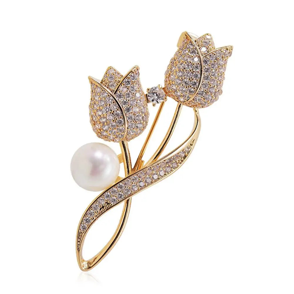 Luxury Zircon Tulip Flower Pearl Brooches For Women Fashion Crystal Floral Leaf Lapel Pins Banquet Patry Clothes Corsage Jewelry Zpaxo E
