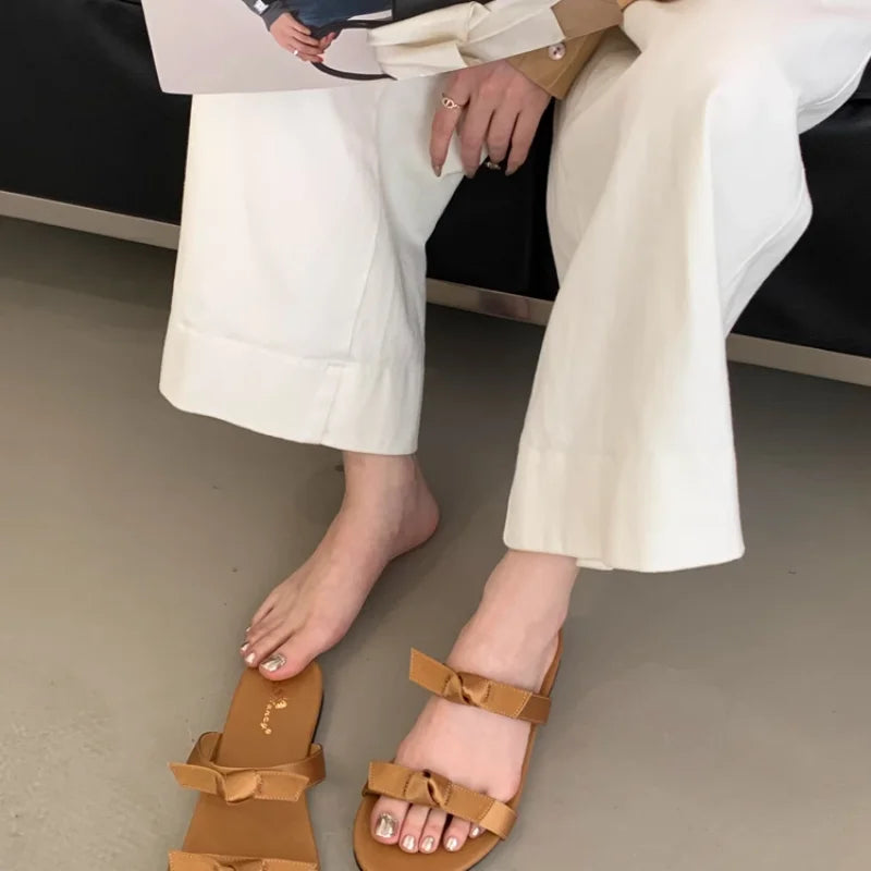 Sandals Women French Flat Shoes for Women's Outdoor Spring/summer 2025 New Toes Bow Half Slippers Ladies Shoes Zpaxo