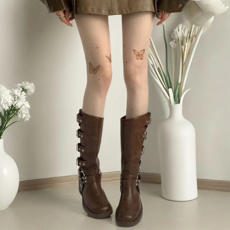 Sexy Women Black Tights Vintage Y2K Butterfly Print Transparent Silk Zpaxo style-C One Size