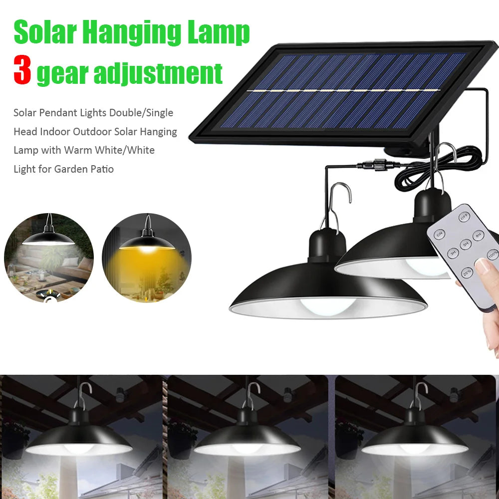 Solar Pendant Light Double Head Shed Waterproof 4800mAh Remote Zpaxo
