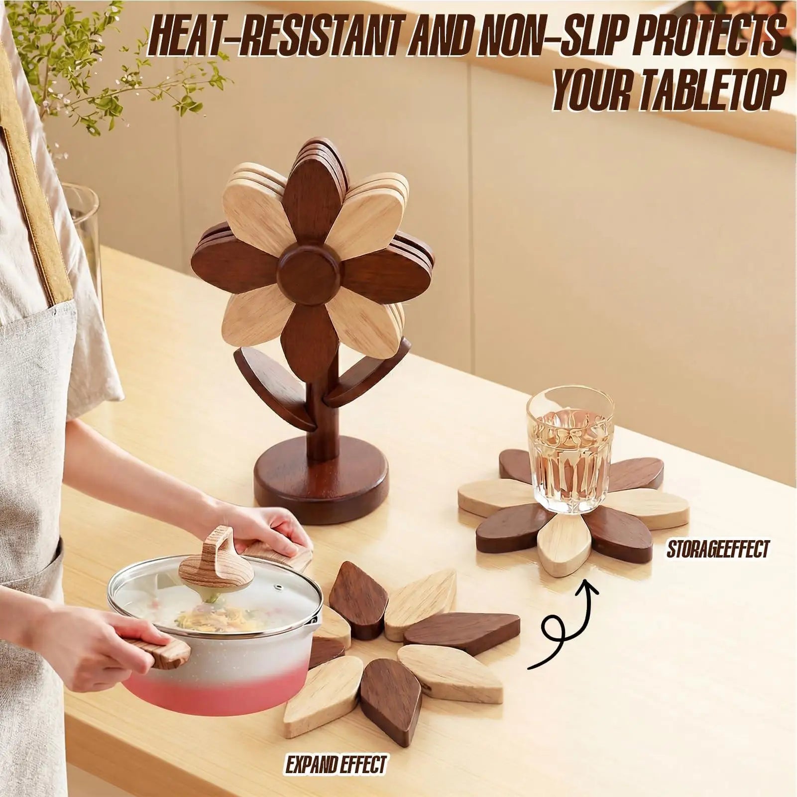 Wooden Trivets Foldable Decorative Sunflower Shaped Tabletop Protector Wooden Trivet Set for Counter Table Countertop Oven Zpaxo