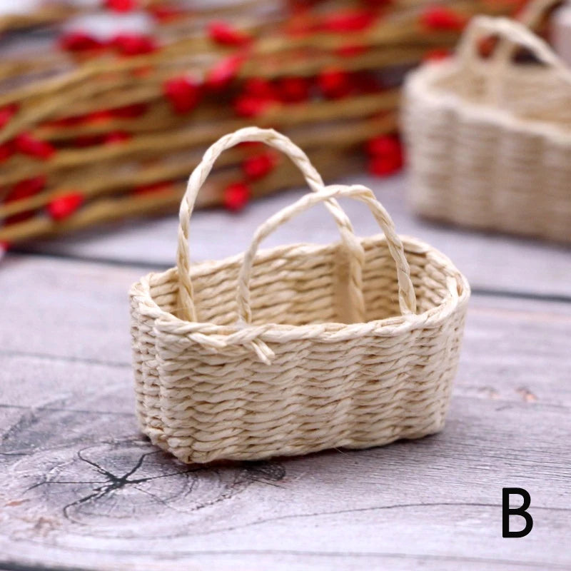 ▶1:12 Dollhouse Miniature Storage Basket Vegetable Food Woven Frame Portable Flower Basket Kitchen Home Model Decor Toy Zpaxo B