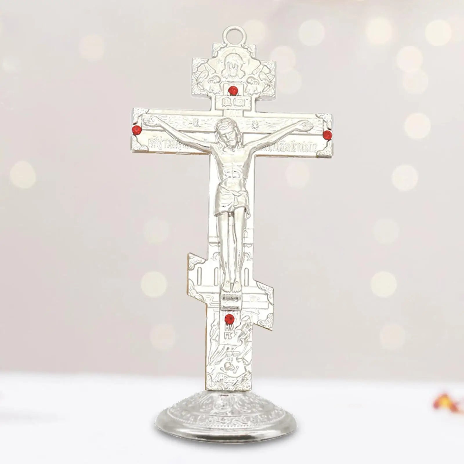 Jesus Cross for Desk Metal with Base Tabletop Ornaments Christian Home Goods Prayer Utensils Table Top Crucifix Cross Catholic Zpaxo silvery