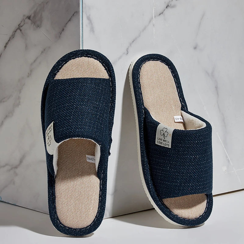 Men's Linen Slippers Breathable Open-toe Non-slip House Shoes Zpaxo Blue 40-41