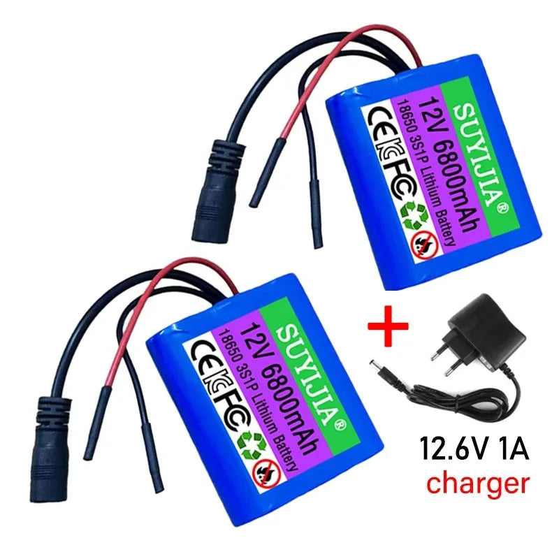 Upgraded 3S1P 12V 6800mAh Battery Pack with protective plate12V 6.8Ah 18650 Lithium ion DC 12.6V Rechargeable Battery+Charger Zpaxo 2PCS