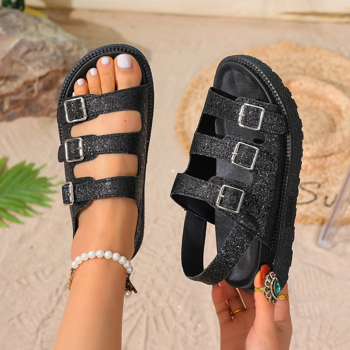 Women Flat Sandals Beach Outdoor Thick Soled Sandals Summer Luxury Indoor Platform Shoes Female Outdoor Non Slip Open Toe Shoes Zpaxo black 40