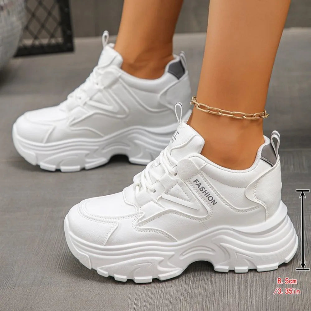 Women's Height Increasing Chunky Sneakers White Black Platform Sports