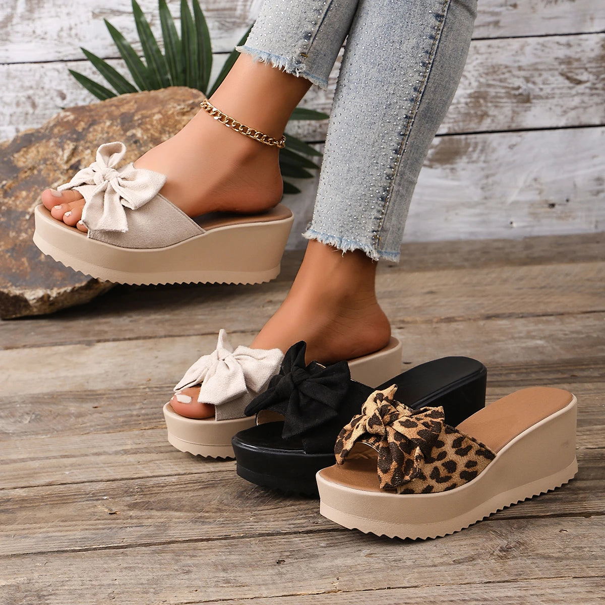 Women Sandals 2026 New Thick Bottom Flat Sandals Butterfly Knot Beach Shoes Rubber Sole Ultra-Leather Lined Slip-On Shoes Women Zpaxo