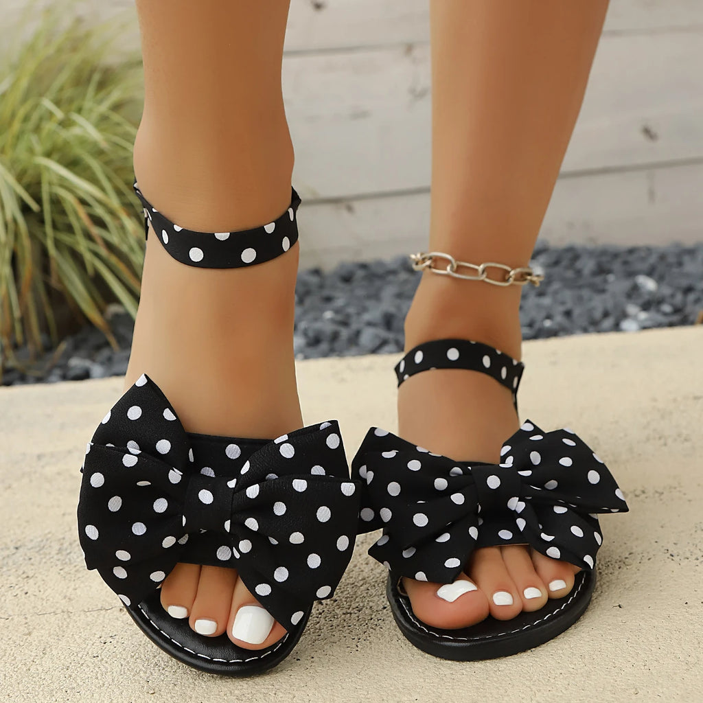 Women's Elastic-strap Flat Sandals Polka-dot Bow Multi-color Zpaxo