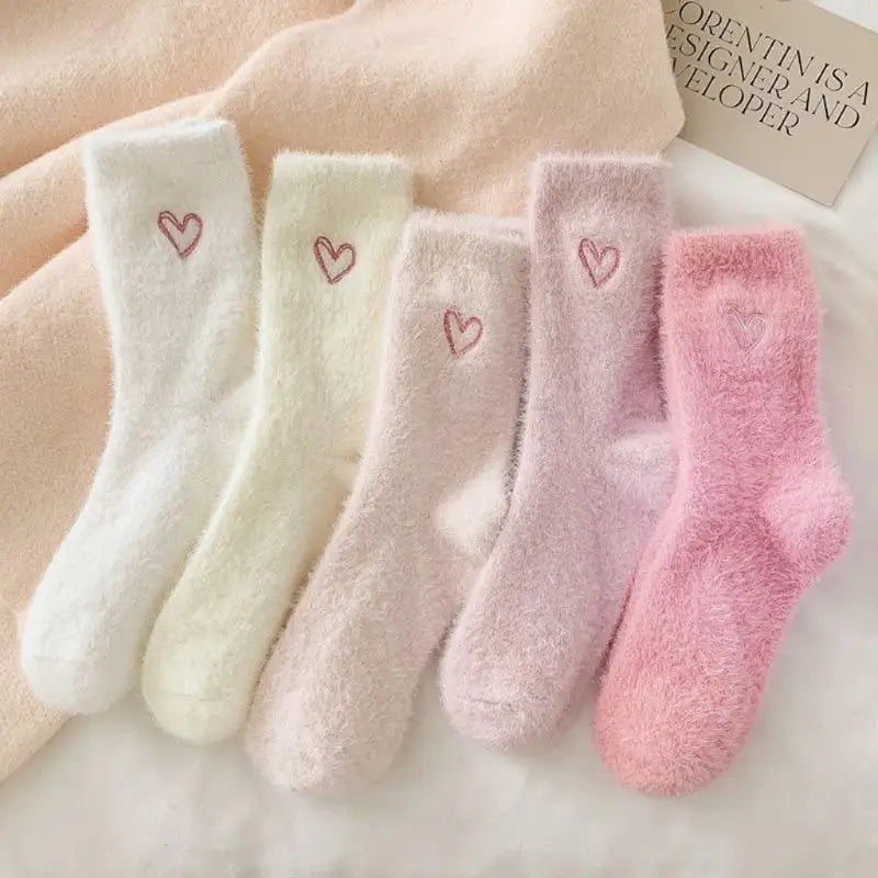 Women's Thickened Mink Fur Socks Pink Heart Embroidery Plush Zpaxo